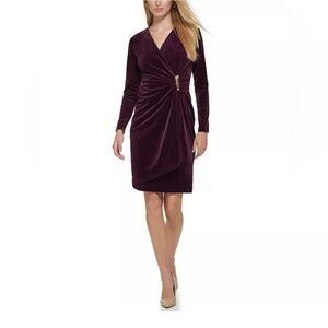 Calvin Klein Velvet Side Bar Trim Long sleeve velvet Dress, Aubergine, sz 16W